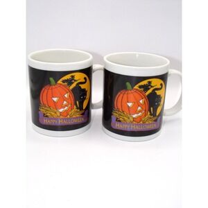2 Vintage Happy Halloween Spooky Coffee Cup Mugs Pumpkin Black Cat Witch Moon